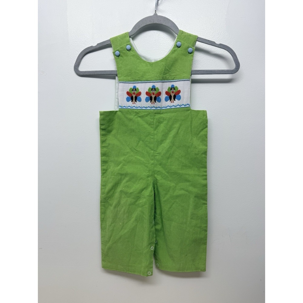 Shrimp & Grits Kids 12M Corduroy Overall Smocked Turkeys Panel Thanksgiving #66